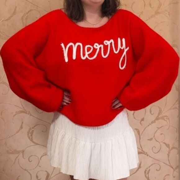 SO ME Tinsel Letters Cozy Christmas Sweater Baggy Top Red 'Merry' Text size Smal - Picture 11 of 11